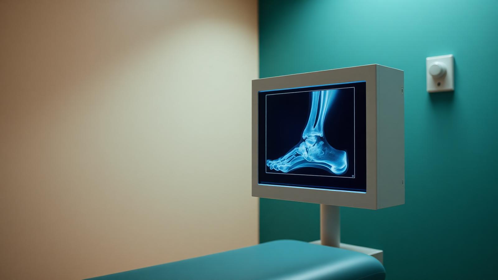 Ankle radiograph displayed on a light box in a quiet consulting room