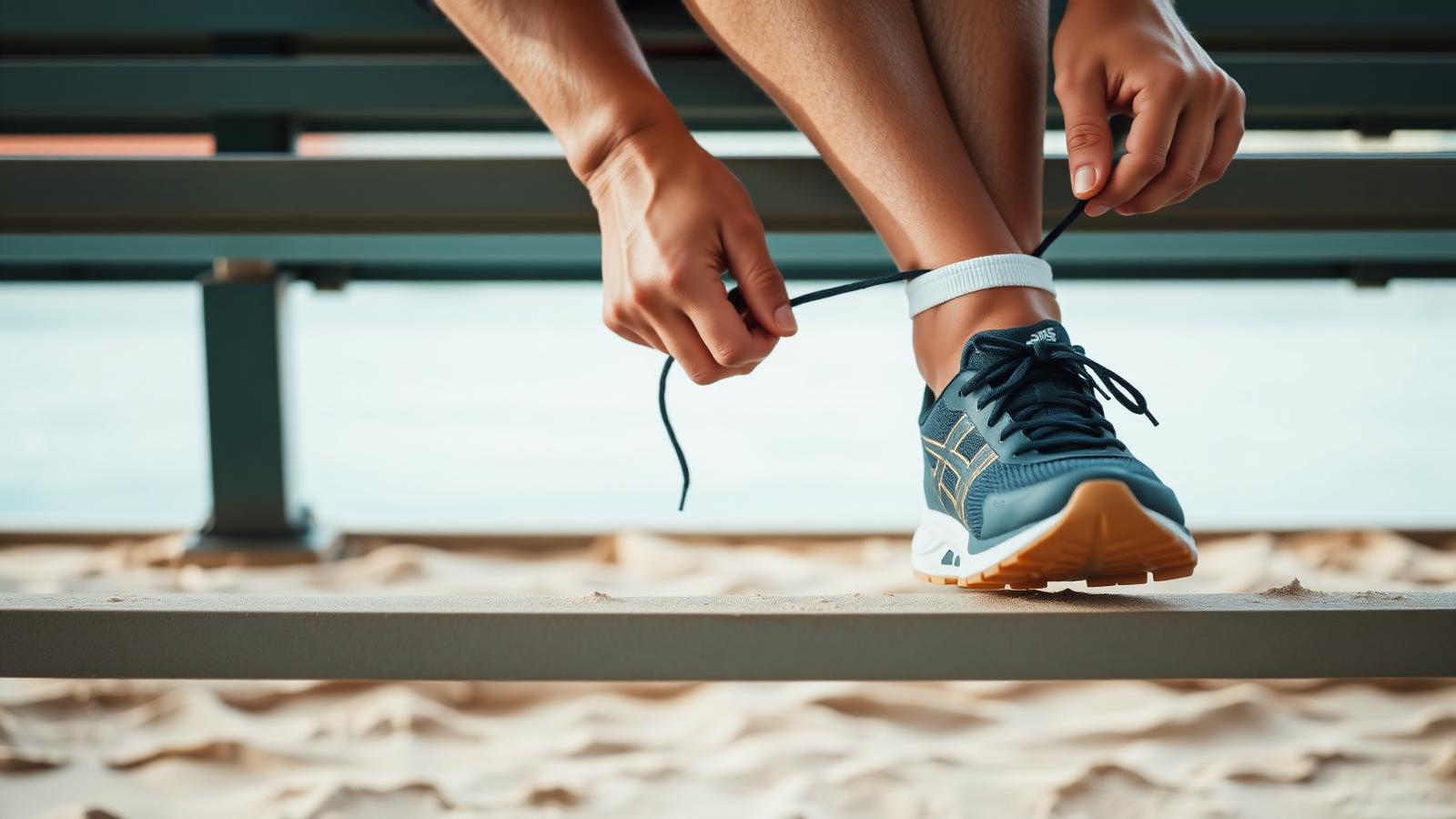 Athlete lacing running shoes on a bench in soft natural light