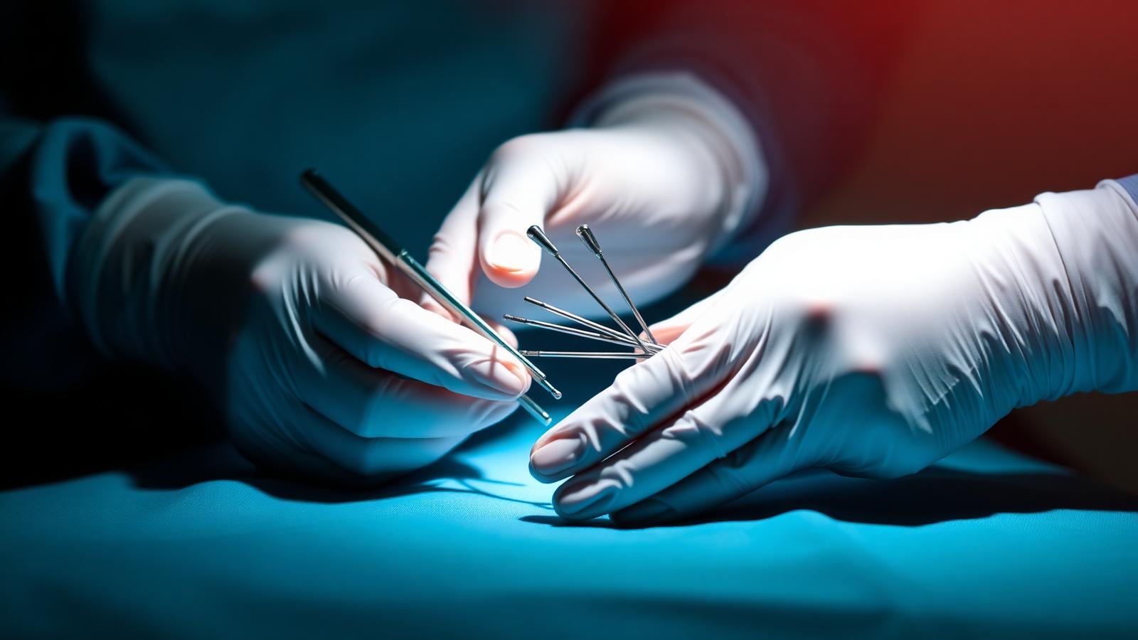 Gloved surgeon's hands holding fine minimally invasive surgical instruments
