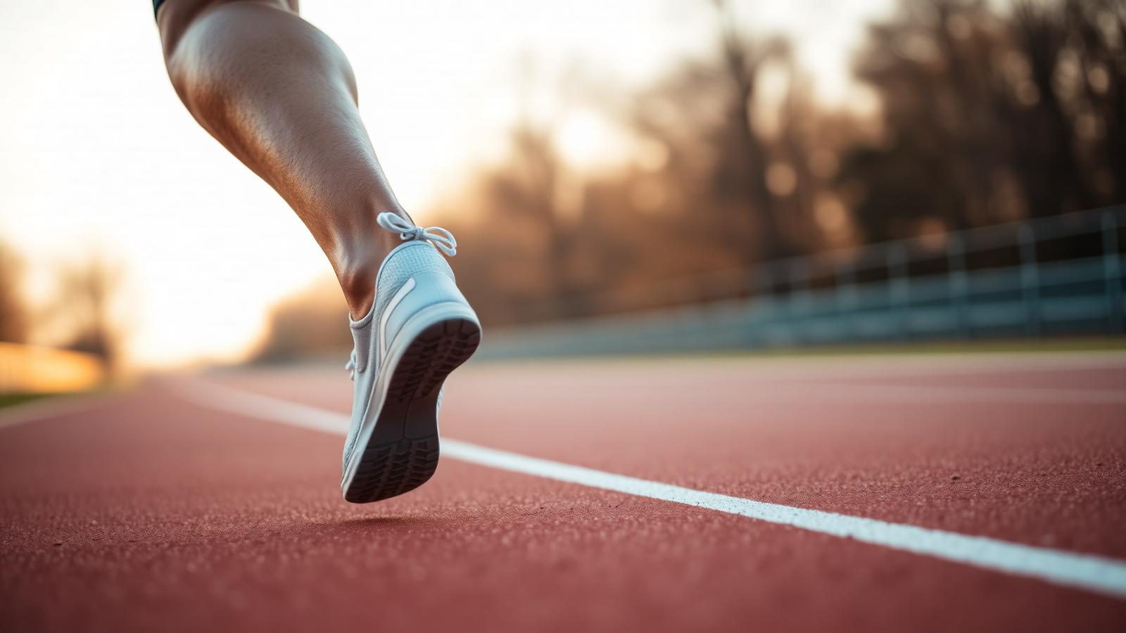 Close-up of a runner's calf and Achilles tendon mid-stride on a track